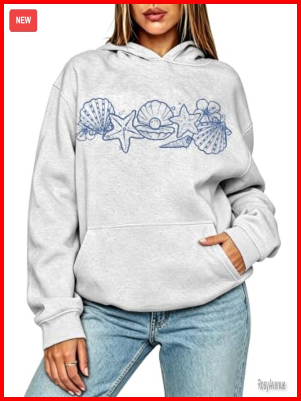 Polyester Fleece Puff Print Seashell Graphic Hoodie Coastal Vacation